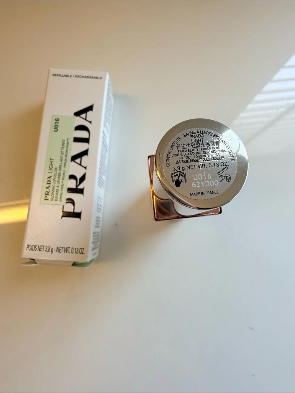 Prada Light Refillable Glowing Lip Oil Stick in Rose U016 Bubblegum Pink